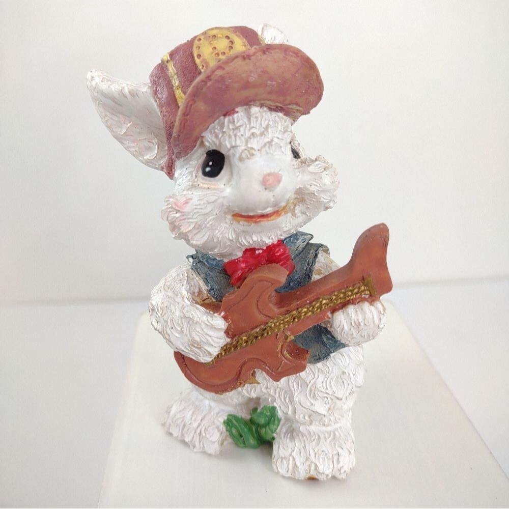 Bunny Figurine Playing Guitar Resin Rabbit